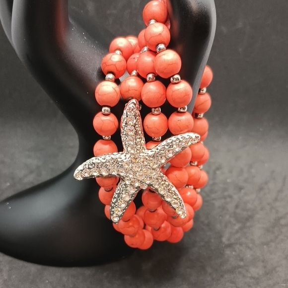 None Jewelry - Vibrant Orange 4-layer Beaded Bracelet with Starfish Accent